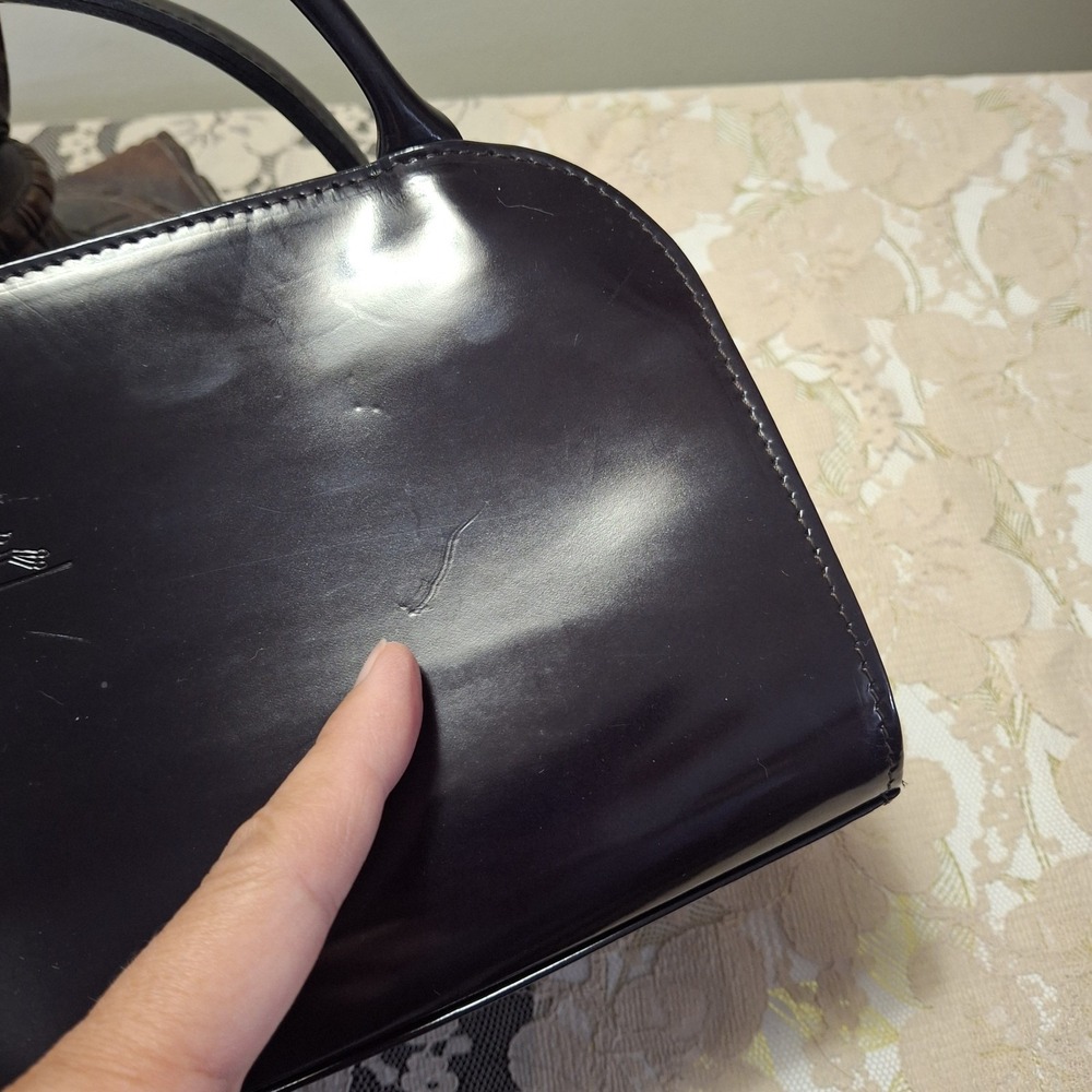 Y2K Vtg Longchamp Eggplant Patent Leather Suede Double Handle Bag Classic Luxury - Picture 5 of 11